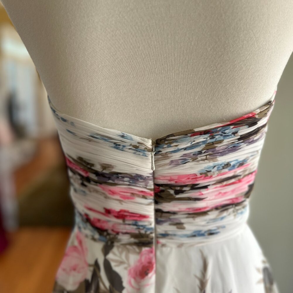 Sherri Hill Strapless Floral Chiffon Gown - Ruched Bodice & High Slit - Size 4 - Picture 8 of 11